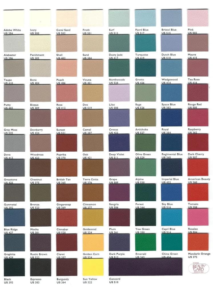 Naugahyde Spirit Millennium color chart showing all available vinyl colors